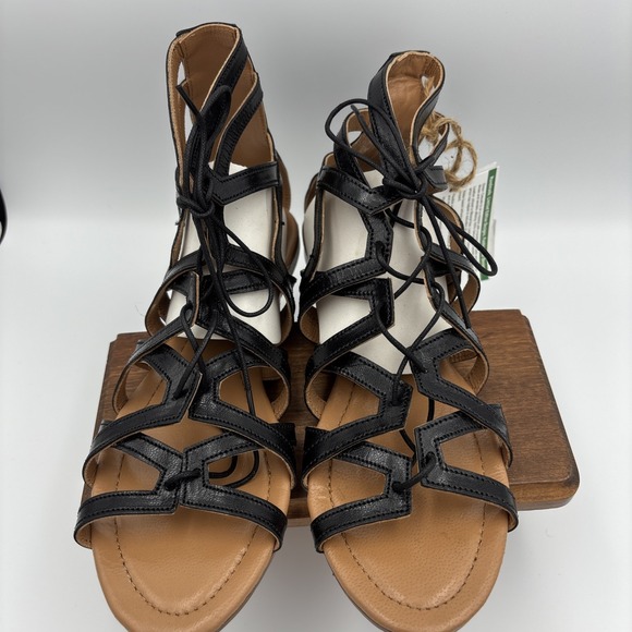 Green Casual Leather Flat Peep Toe Lace Up Black Sandals sz 7 M Leather - Picture 9 of 16